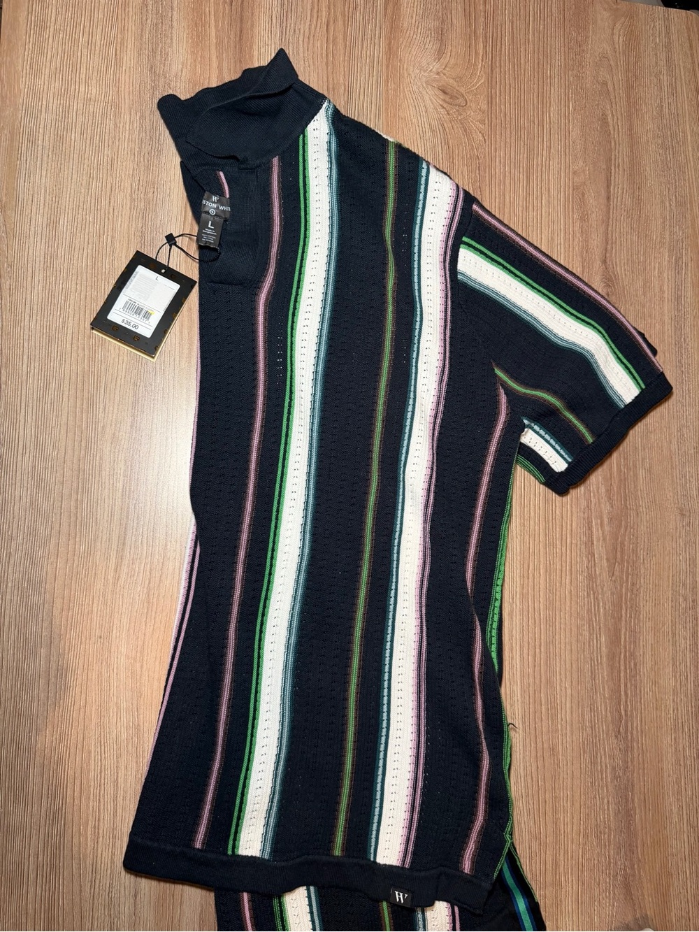 Men's Black Stripe Short-Sleeve Button Down Shirt with Green & Pink Accents